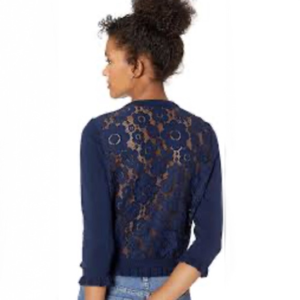 Karl Lagerfeld Floral Lace Back Ruffle Button Hp Cardigan Blue Size Medium